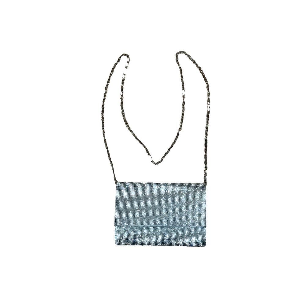 Crystal-Embellished Light Blue Evening Clutch with Chain Strap